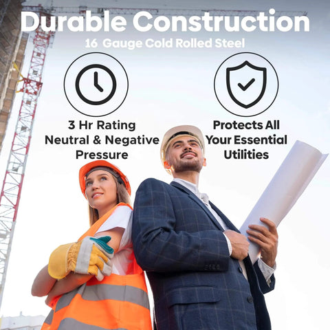 Construction professionals showcasing durable 16-gauge cold rolled steel with 3-hour rating and protection benefits.