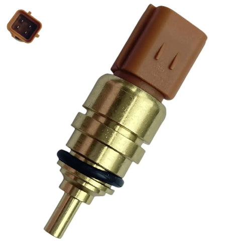 Coolant temperature sensor with brass body and brown plastic connector; rubber O-ring visible.