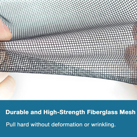 Close-up of hands stretching black adjustable fiberglass window screen mesh kit 48x102 inches showing durability.