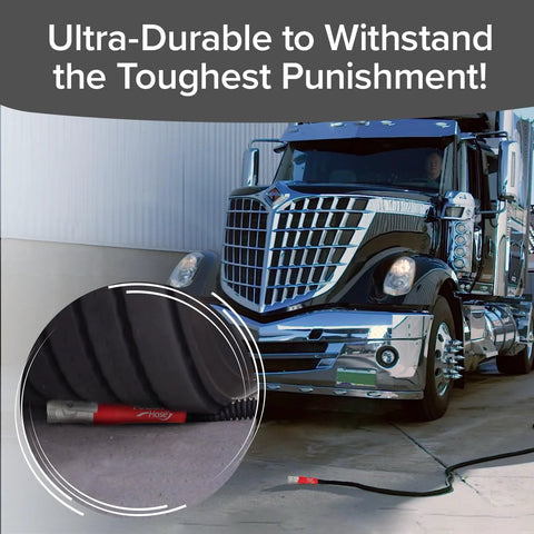 Pocket Hose 50 ft expandable garden hose with Turbo Shot nozzle, lead-free, aluminum connectors, on concrete near truck