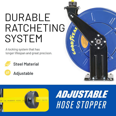 Close-up of blue Retractable Air Hose Reel Three-Eighths Inch By 50-Foot Heavy Duty Premium SBR Hose, showing steel ratchet system.