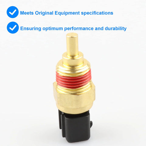 Coolant temperature sensor with brass body, red-thread sealant, and black connector.