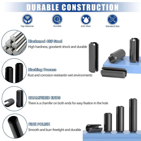 430 Pcs Roll Pin Set, Slotted Metric Spring Pins with chamfered ends and polished black oxide finish, detailed product features