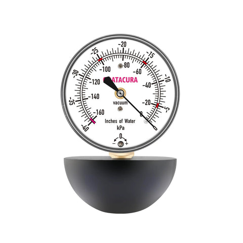 GOATACURA vacuum suction gauge, 0–160 in water, 2.5 inch dial, white face with black numbers, mounted on a dark stand