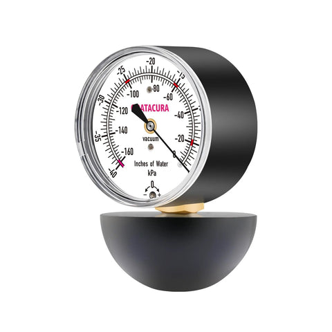 GOATACURA vacuum suction gauge with 2.5-inch dial, white face, black case, used to measure vacuum cleaner suction power.