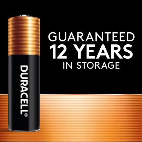 Duracell battery with text highlighting 12-year storage guarantee, part of 56 Count AA And AAA Alkaline Batteries In A Reclosable Pack