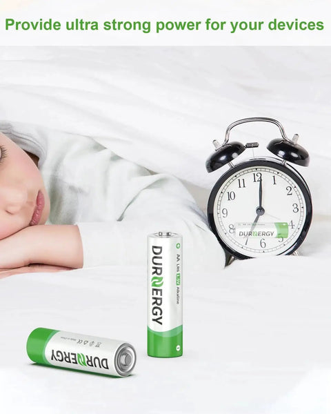 Child sleeping next to AA and AAA Battery Combo Pack 102 Count Alkaline 1.5V For Remotes with clock on bedside table