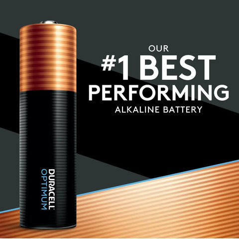 Duracell Optimum AA Battery with 'Our Best Performing Alkaline Battery' text, showcasing power and efficiency.