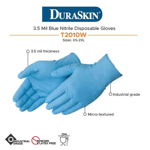 DuraSkin Nitrile Gloves 3.5 Mil Large Powder Free Micro Textured Blue Industrial, showing 3.5 mil thickness and micro-texture