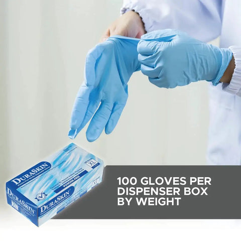 Person wearing DuraSkin Nitrile Gloves 3.5 Mil Large Powder Free Micro Textured Blue Industrial with glove box nearby