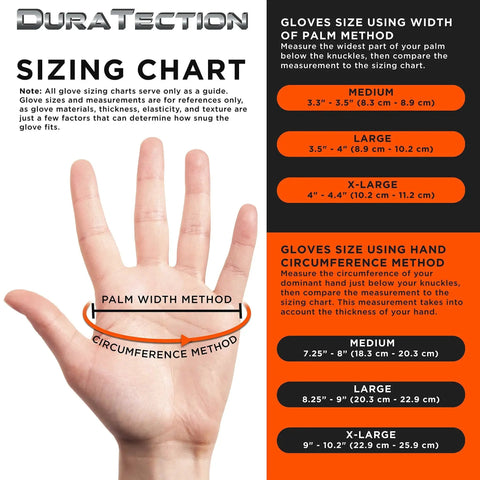 Sizing chart for 8 Mil Orange Diamond Textured Nitrile Disposable Gloves Medium 3 Boxes 100 with hand measurement methods.