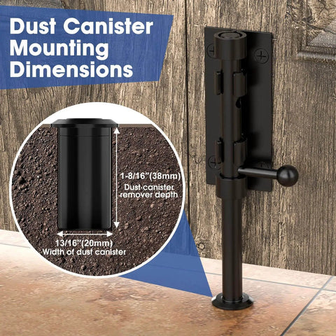 Dust canister mounted on wooden surface with dimension labels showing width 1-3/16 inches and remover depth 1-8/16 inches.