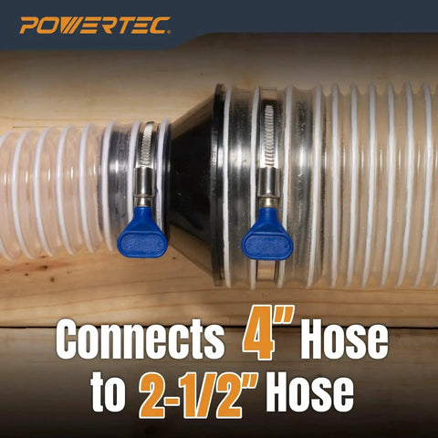 Four Inch To Two And One Half Inch Cone Reducer For Dust Collection Fittings Hose To Hose Connection shown connecting two hoses