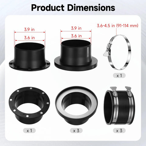 Dust collector system for 4 in shop vac hoses; 8-piece adsorptive kit with port connector, 3 couplers, flange ring, and hose clamps