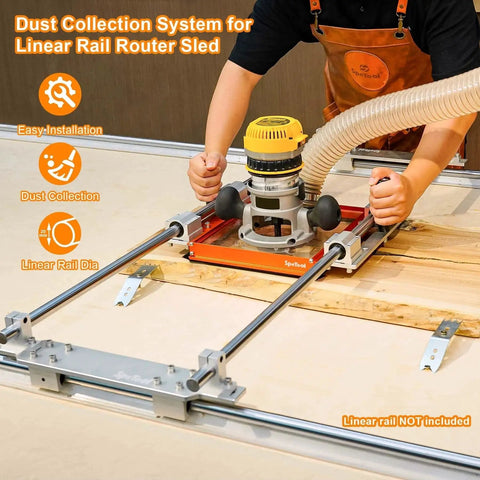 Person using Workhorse Linear Rail Router Sled Connector with dust collection on 20mm rails with SpeTool plate and dust port.