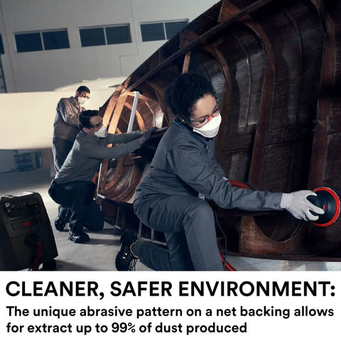 Workers using Xtract Net Discs 6 Inch 710W Sanding Discs Pack Of 50 Dust Free Hook And Loop on large wooden structure