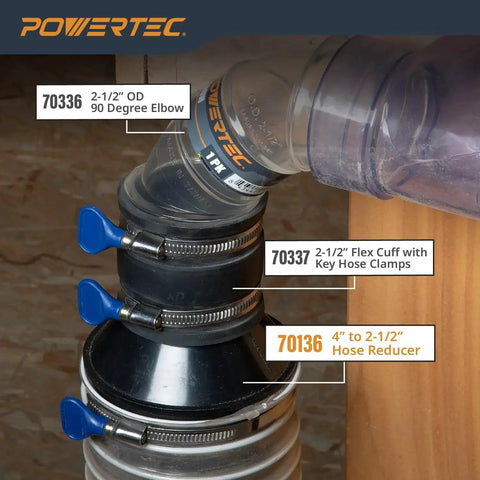 Installed four inch to two and one half inch cone reducer for dust collection fittings, hose connectors labeled with product descriptions.