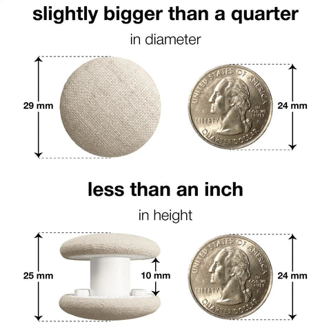 Duvet Clip Set Keeps Your Comforter From Shifting In The Cover With Locking Pin Fasteners shown next to a quarter for size comparison