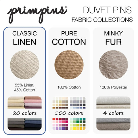 Fabric choices for duvet clip set: Classic Linen, Pure Cotton, Minky Fur, showcasing material samples and available color options.