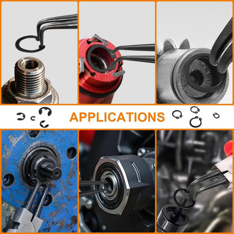 Various applications of 352 Piece Retaining Ring Assortment Kit with E Clips and C Clips for DIY Projects and Repairs.