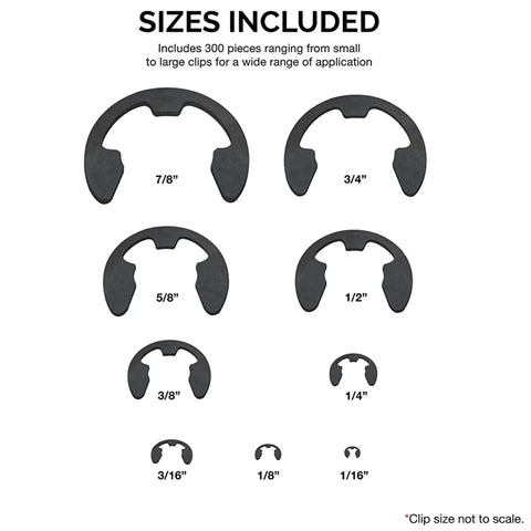 Diagram showing nine SAE sizes of heat-treated E Clip Assortment Set With 300 Pieces Heat Treated External Retaining Clips from 1/16" to 7/8"