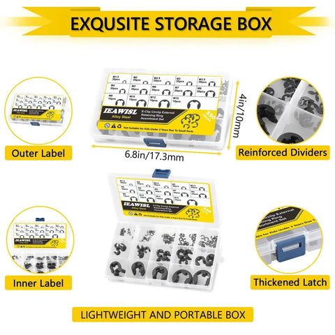 External Retaining Rings Set 330-Piece Alloy Steel E-Clip Assortment M1.5 To M15 storage box with labeled compartments
