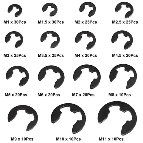 E Clip Circlip Snap Ring Assortment Set 15 Sizes From 1mm To 11mm 300 Pcs Carbon Steel External Retaining Rings For Shafts With Black Oxide Finish Ideal For DIY Projects Machinery Maintenance And Repairs Uxcell displayed with quantity per size.