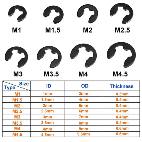E Clip Circlip Snap Ring Assortment Set 15 Sizes From 1mm To 11mm 300 Pcs Carbon Steel External Retaining Rings For Shafts
