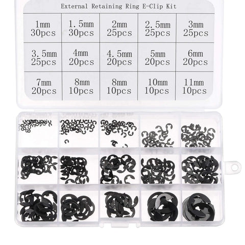 E Clip Circlip Snap Ring Assortment Set 15 Sizes From 1mm To 11mm 300 Pcs Carbon Steel External Retaining Rings with Black Oxide Finish