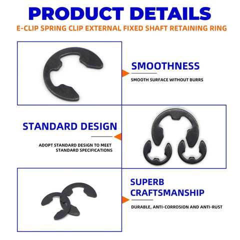 580Pcs E Clip Snap Ring Kit Built Tough For Pros and DIYers, 65Mn Steel External Retaining Rings, SAE M1.5 to M10, Product Details