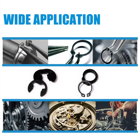 324 Piece E Clips And Snap Ring Kit In Carbon Steel For Heavy Duty Use 24 Sizes Assortment shown in various applications