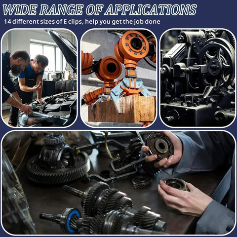 E Clip Snap Ring Assortment Kit 480Pcs used in automotive, machinery projects, showcasing 19 sizes and durability in application.