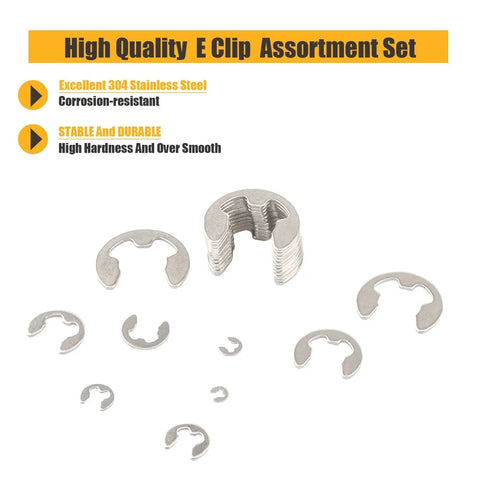 E Clips Assortment Kit 120 Piece External Retaining Rings Set in 10 Sizes M1.5 to M10 304 stainless steel snap rings displayed.