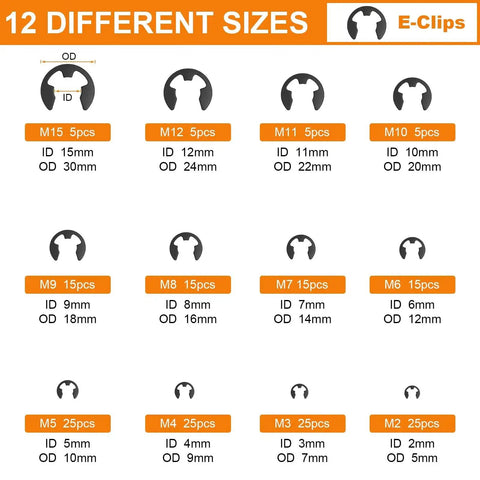 Chart of 12 different E-clip sizes from 2.0mm to 15mm, part of 352 Piece Retaining Ring Assortment Kit With E Clips And External C Clips For DIY Projects And Repairs