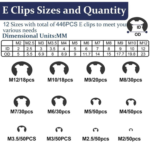 Diagram showing 12 sizes of E clips from the All In One C Clips And E Clips Kit For Machinery And DIY Projects ZQZ.