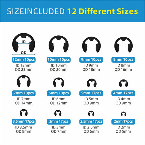 324 Piece E Clips And Snap Ring Kit In Carbon Steel For Heavy Duty Use 24 Sizes Assortment Covering E Clips 2mm To 12mm Chart
