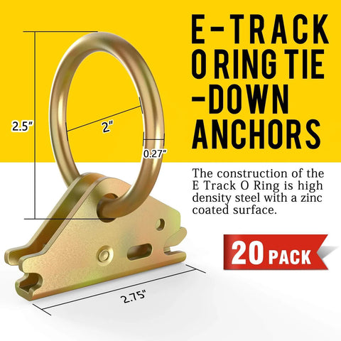 Heavy Duty Steel E Track O Ring Tie Down Anchors 20 Pack For Keeping Gear Locked Down In Enclosed Trailers Flatbeds And Trucks With 1500 LB Load Capacity And Easy Straps Attachment, zinc-coated steel with measurements shown