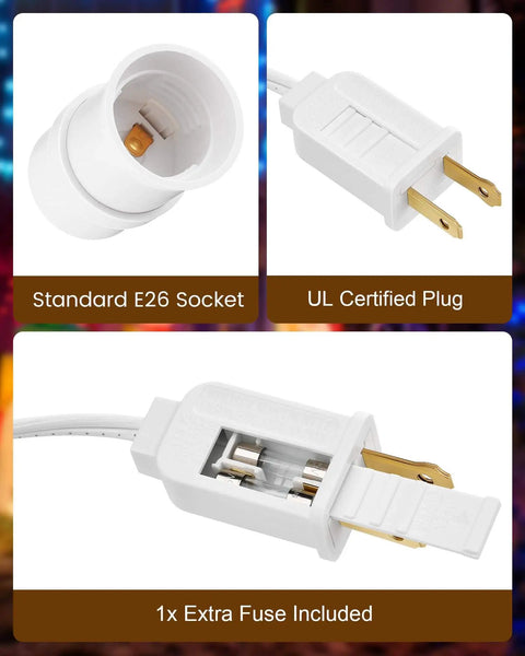 Blow Mold Light Kit Replacement For Outdoor Holiday Decor With E26 E27 Socket and plug close-up, showing UL certified plug and extra fuse.