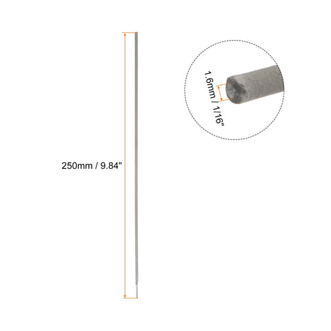 Diagram showing dimensions of E308L-16 stainless steel welding rods, 1/16 inch by 10 inch, with close-up of electrode tip.