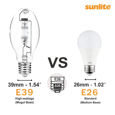 Comparison of Powerful 1000 Watt Metal Halide Lamp With Mogul Base E39 BT37 M47 and standard LED bulb with E26 base