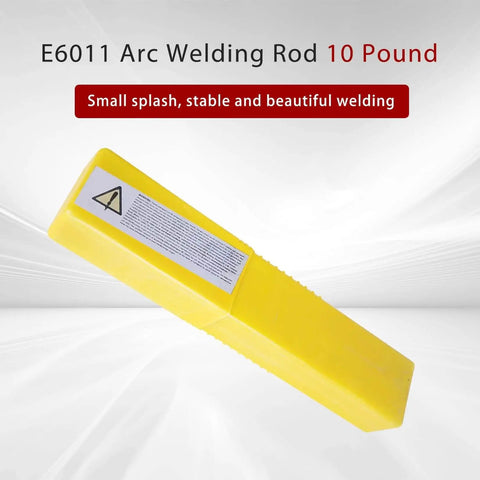 Yellow box of E6011 One Eighth Inch Welding Rods For Carbon Steel Electrode 10 lbs, text promoting stable welding on white background