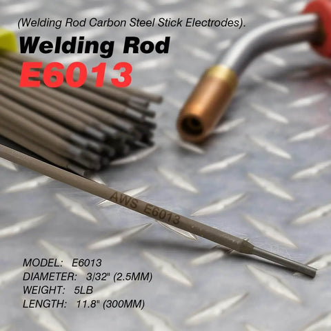 Close-up of E6013 Three Thirty Second Inch 5Lb Carbon Steel Stick Electrodes Welding Rod on metal surface with welding accessory in background.