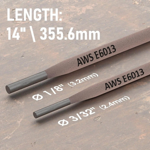 Close-up of All Position Rutile E6013 Welding Rods for Carbon Steel, 3/32 inch, 14 inch length, showing measurements and surface details.