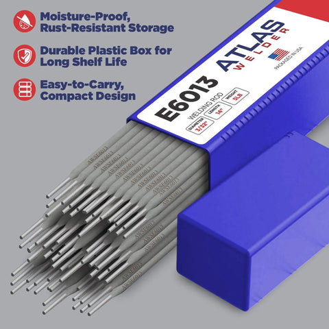 E6013 Welding Rod 3/32 Inch 5 Lb Carbon Steel Stick Electrodes in blue storage box for auto body fab and DIY projects