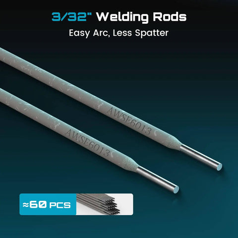 Close-up of two E6013 2.5 Lb Carbon Steel Welding Rods for Arc Welding, 3/32 Inch Diameter, ideal for general purpose repairs.