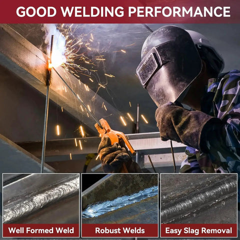 Welder using E7018 Low Hydrogen Iron Powder Welding Rods 1/8 Inch Diameter 14 Inch Long for carbon steel with AC/DC reverse polarity.