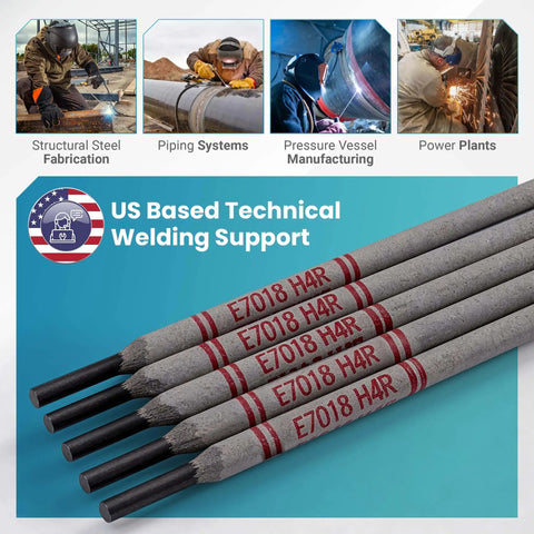 Pro Grade E7018 Low Hydrogen Welding Rod For Carbon Steel 3 32nd Inch Diameter 5 Lb Pack SMAW Stick Electrode shown with uses.