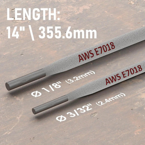 Two E7018 Carbon Steel Welding Rods, 3/32 and 1/8 inch, 14 inch length with specifications, for all positions, low hydrogen iron powder.