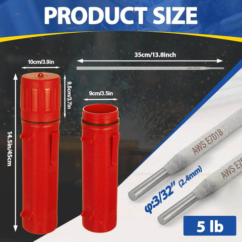 Product size chart showing red moisture-proof tube for All Position E7018 Low Hydrogen Welding Rods For AC DC Welding 3 32 Inch 5 Pound