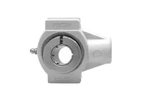 Front view of 1-7/16 in Take-Up Bearing Unit, Kanigen Accu-Loc RF Black Polymer Housing, Open Covers, Single-Row Ball Bearing